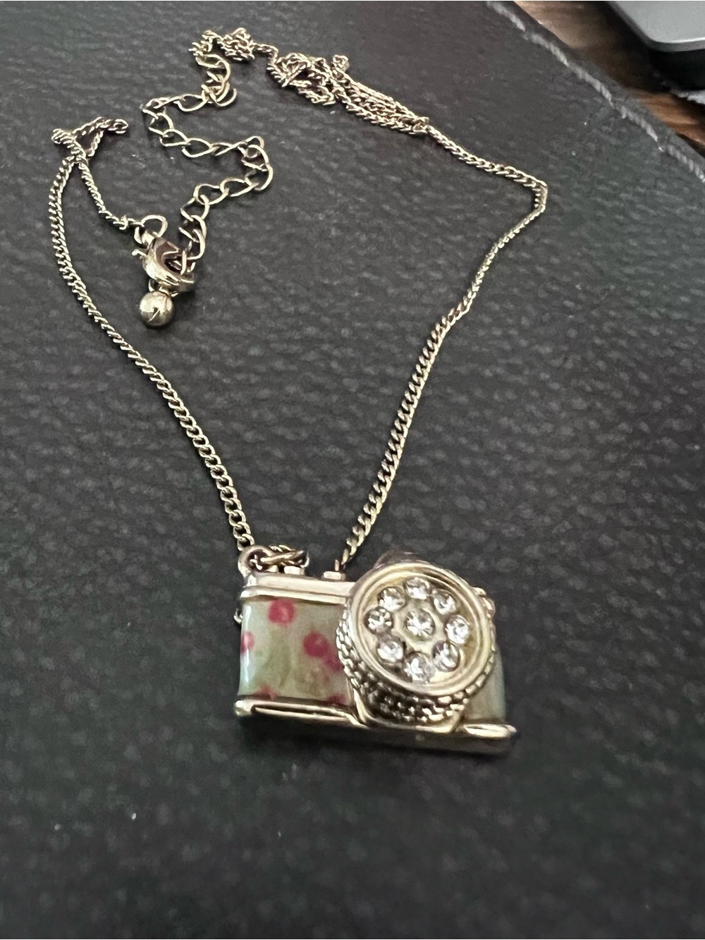 Camera Pendant Necklace with Rhinestones and Red Floral Accent - Picture 6 of 9